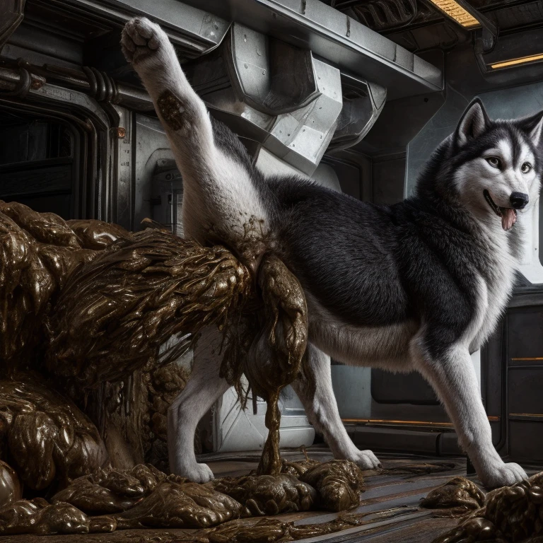 A hyper realistic, ultra detailed image of a husky, fat, (((((feral, husky))))), thick thighs, solo, shaded, intricate, realistic, detailed background, (saliva:0.8), panting, drooling, saliva, aroused, ass up, on a klingon star ship, freighter. ((((feral standing with raised leg, hyper balls, feral, excessive anal scat, spreading legs, excessive hyper anal feces))))