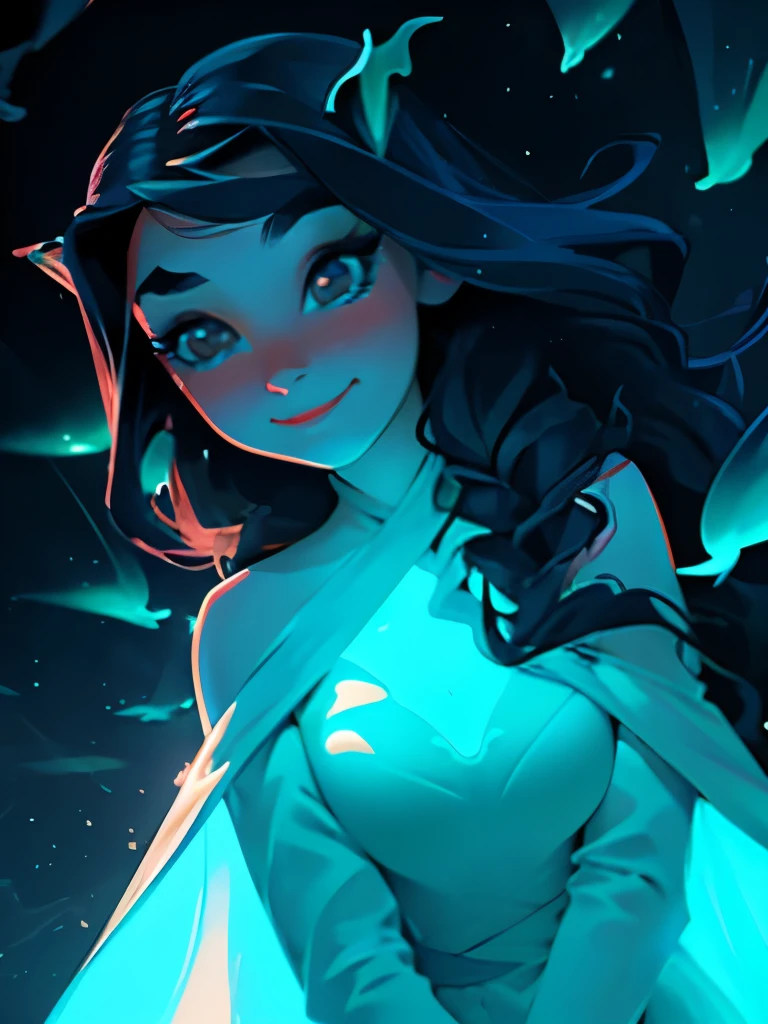 masterpiece, best quality, julia fe, 1girl, solo, long hair, looking at viewer, blush, smile, negative space, (bioluminescence:1.2), darkness, dark background, long sleeves, dress, bare shoulders, medium breasts, very long hair, wide sleeves, cape, white dress, circlet