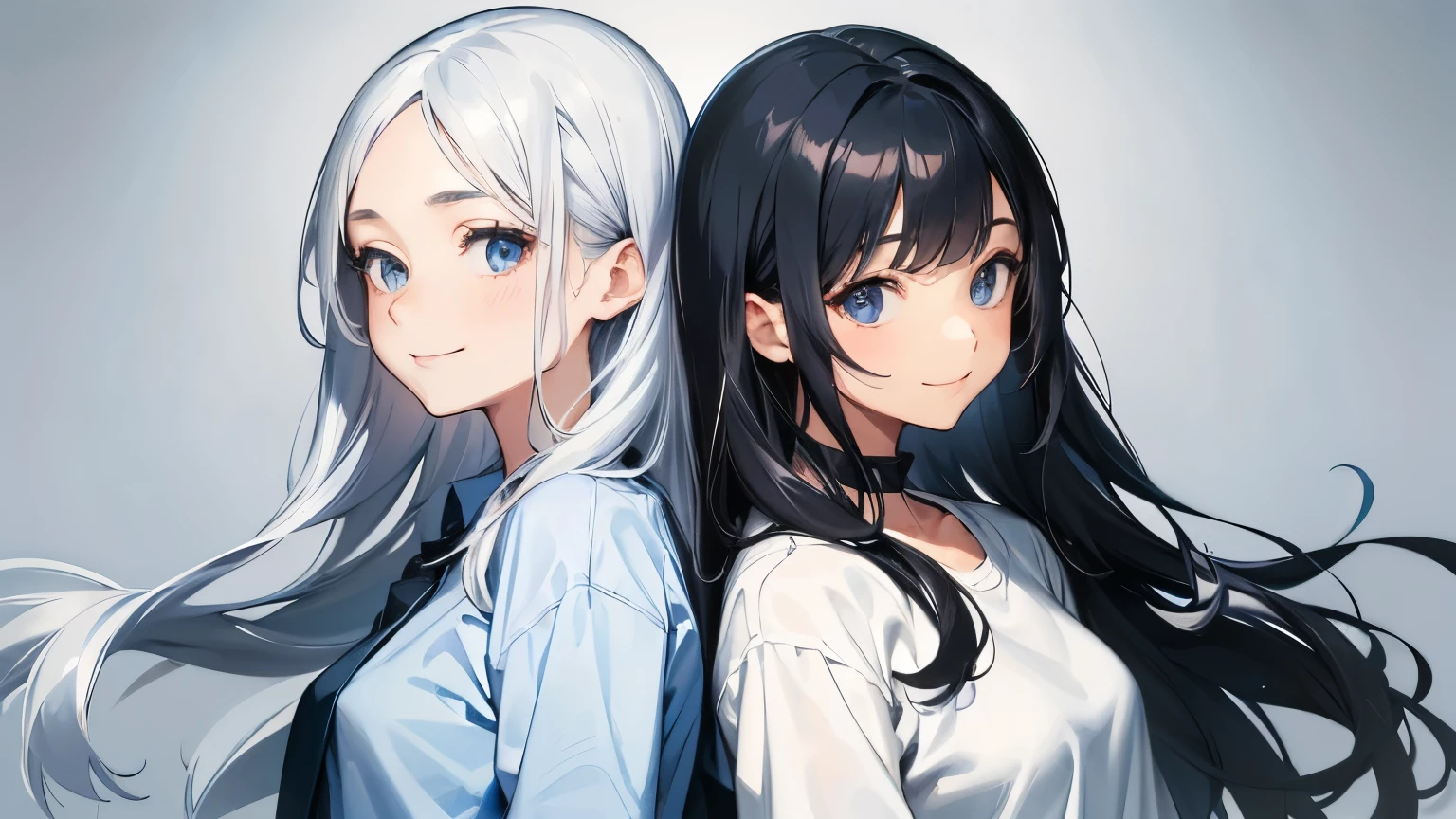 1 woman (silver hair, blue shirt), 1 woman (black hair, long hair, waves, white shirt), upper body composition, horizontal angle, no background, 2 people back to back (woman and woman), smiling, laughing, cute, awesome quality, masterpiece