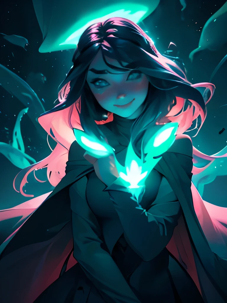 masterpiece, best quality, julia fe, 1girl, solo, long hair, looking at viewer, blush, smile, negative space, (bioluminescence:1.2), darkness, dark background, long sleeves, dress, bare shoulders, medium breasts, very long hair, wide sleeves, cape, white dress, circlet