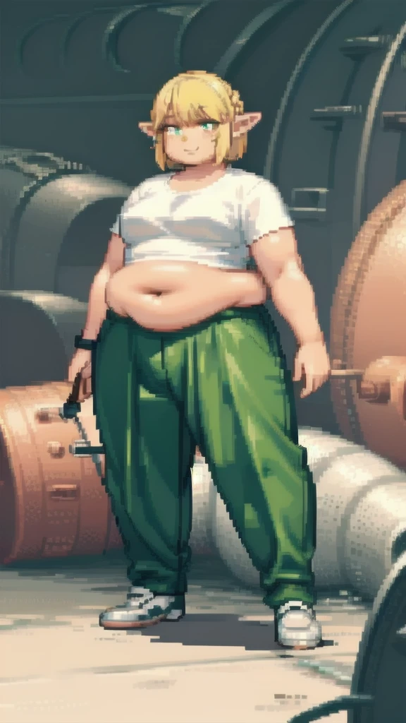Pixel, 32 Bits, detailed eyes, 1 solo girl, chubby erufuda, short hair, pointy ears, obese elf, blonde hair, (green eyes:1.5), white t-shirt, green pants, braid, chubby body, ((Perfect body)), smile, chubby belly, thick thighs, very cute, 4K, PixelArt