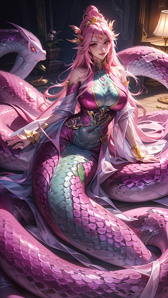 HD, pink snake girl. fantasy setting. long hair. Long women's haircuts, big breasts. pink snake under the body. pink scales. Looks good and friendly. sexy, long body