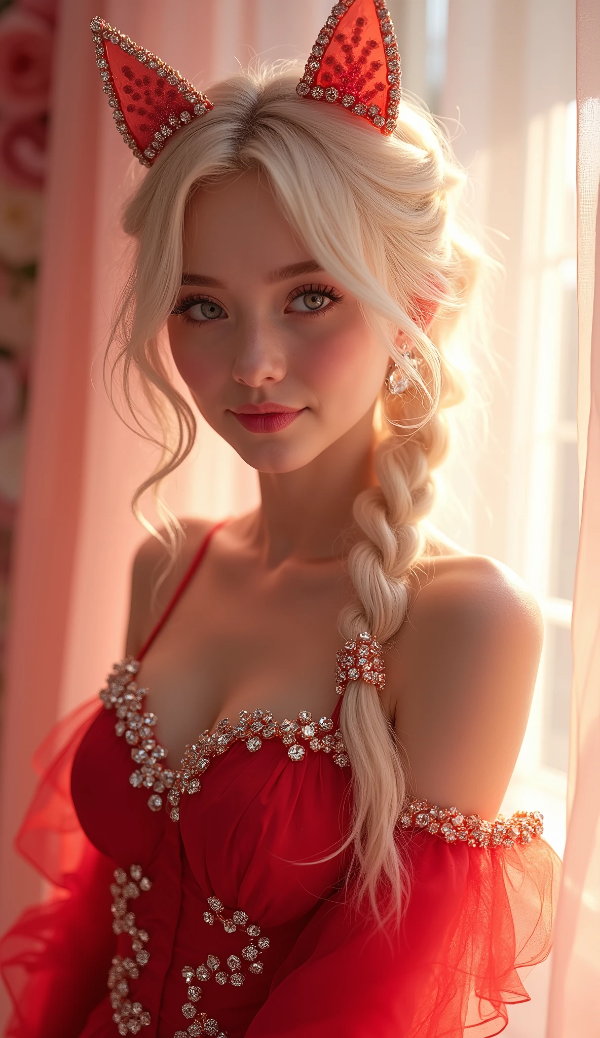 (masterpiece, Best Quality), intricate details, realist, photorealist, Full Body Portrait, Instagram Photo of a woman wearing aretes, Mary R., inspired by Emma Andijewska, wrapped in crystals,(masterpiece:1.3), (Best Quality:1.3), (Ultra-detailed:1.2), ((kawaii)), Cute, (lovely), ((sexy)), ((Extremely detailed)), 4K, (8K), Best Quality, (Beautiful), Illustration, anime style, (bold line:1.2), Gradation,(best quality, ultra-detailed, photorealistic: 1.39), bright and vibrant colors, studio lighting, (Perfect eyes:1.2), (Perfect iris:1.2), romantic kawaii expression, cute delicate smile, kawaii makeup, 17-year-old e-girl, short red dress, platinum braided and curl white hair, cat ears, big breasts, fit, long wavy hair, mercenary, Mary R.