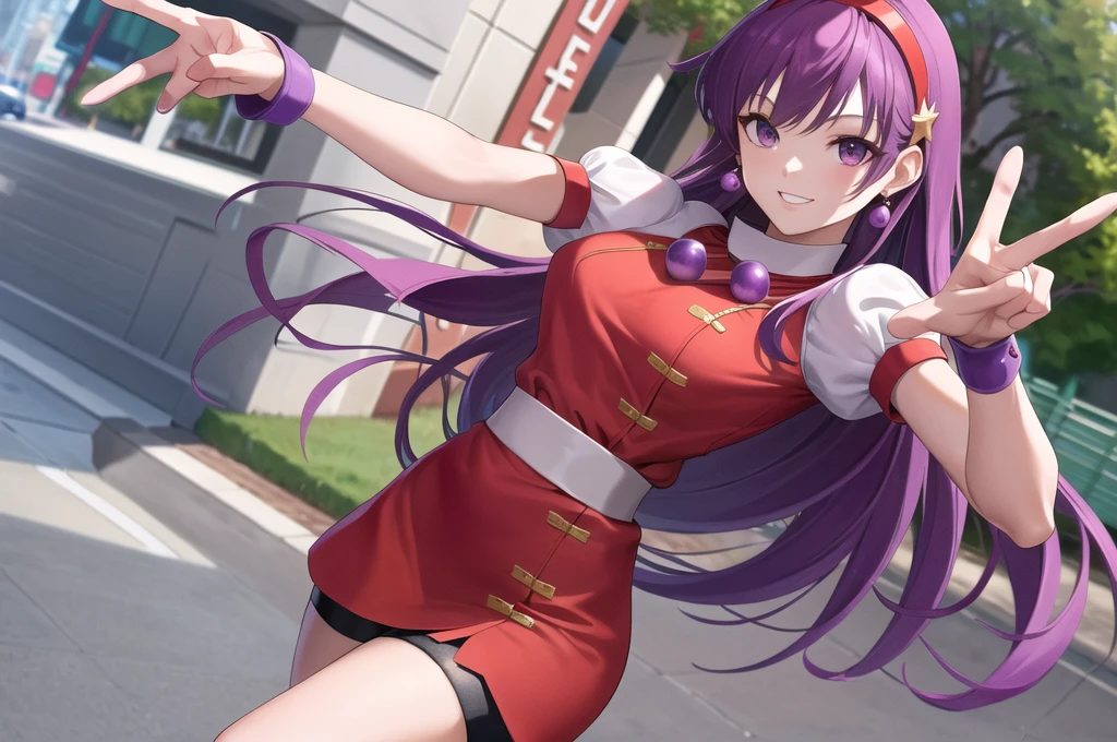 masterpiece, best quality, highres, aa1, purple hair, long hair, hairband, long hair, necklace, bike shorts, earrings, red dress, medium breasts, puffy short sleeves, white sleeves, wristband, cowboy shot, smile, street, peace sign,