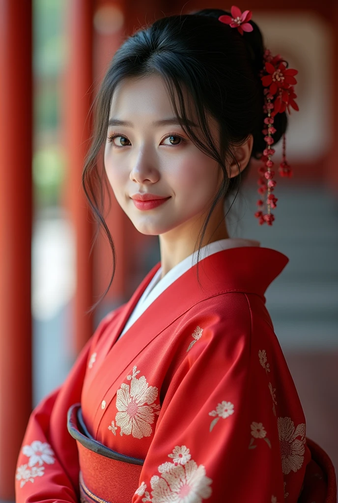 (Highest quality、Tabletop、8k、Best image quality)、(Beautiful Japanese Perfect Shrine Maiden:1.1)、(Perfect and most natural shrine maidenの白衣:1.3)、(Perfect and most natural shrine maiden'Red Hakama:1.3)、(Elegant hairstyle:1.1)、(Face close-up:1.1)、look at me、The best smile、The background is a magnificent and luxurious shrine..、The majestic and luxurious exterior resembles a real shrine.、A gorgeous and authentic shrine with Niwa lacquerware