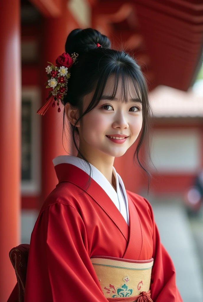 (Highest quality、Tabletop、8k、Best image quality)、(Beautiful Japanese Perfect Shrine Maiden:1.1)、(Perfect and most natural shrine maidenの白衣:1.3)、(Perfect and most natural shrine maiden&#39;Red Hakama:1.3)、(Elegant hairstyle:1.1)、(Face close-up:1.1)、look at me、The best smile、The background is a magnificent and luxurious shrine..、The majestic and luxurious exterior resembles a real shrine.、A gorgeous and authentic shrine with Niwa lacquerware