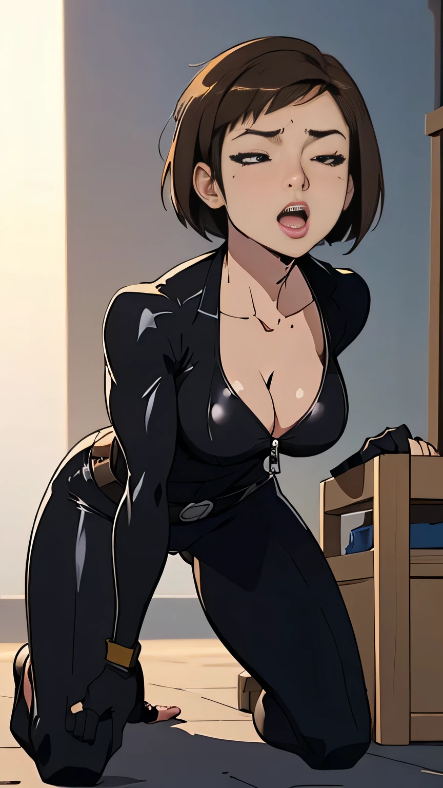 photo of mlp Meowko, RAW, beautiful woman, ((portrait)), ((detailed face:1.2)), ((anime face, anime facial feature, clear skin, glossy anime lips, clear skin), (short lesbian haircut, brunette: 1.55), (perfect proportioned body, Strong, muscular, narrow waist, narrow hips, skinny, large breasts), (ahegao expression, eyes closed, orgasm face:1.35), (she is wearing a black leather one piece, black widow cosplay, utility belt, black leather fingerless gloves, unzipping suit, cleavage), kneeling on a crate, splits kneeling, legs apart, hands behind back, aircraft carrier, military, ocean, (realistic photo, best quality, detailed), (8k wallpaper), (bright cinematic lighting, lens flares, beautiful light, (noon:1.3)) (sharp focus, intricate)