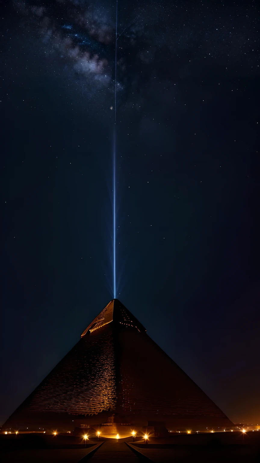 Egyptian pyramids at night，The tower is brightly lit，Crowded，Surrounded by torches，The starry sky is brilliant，quality，8k，Exquisite。