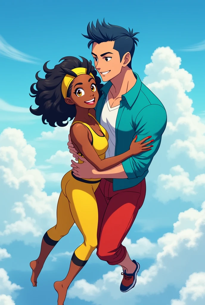 An African American anime woman with bright yellow eyes, thick red lips, smiling, wearing a yellow fitness outfit with a touch of black and yellow sneakers, with a yellow headband and black antennae, loose curly hair, and she is kissing and hugging a young anime man with white skin, dark blue hair, smiling, medium-sized pompadour with a military-style cut, no bangs, blue eyes, who has an athletic, very muscular body, very defined pecs, and is wearing a training outfit, a turquoise blue shirt with a touch of navy blue, and red pants.. FLYING IN THE SKIES.