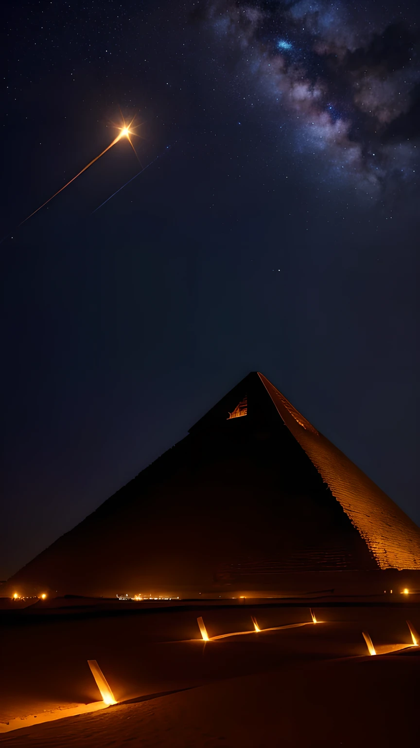 Egyptian pyramids at night,The tower is brightly lit,Crowded,Surrounded by torches,The starry sky is brilliant,quality,8k,Exquisite。