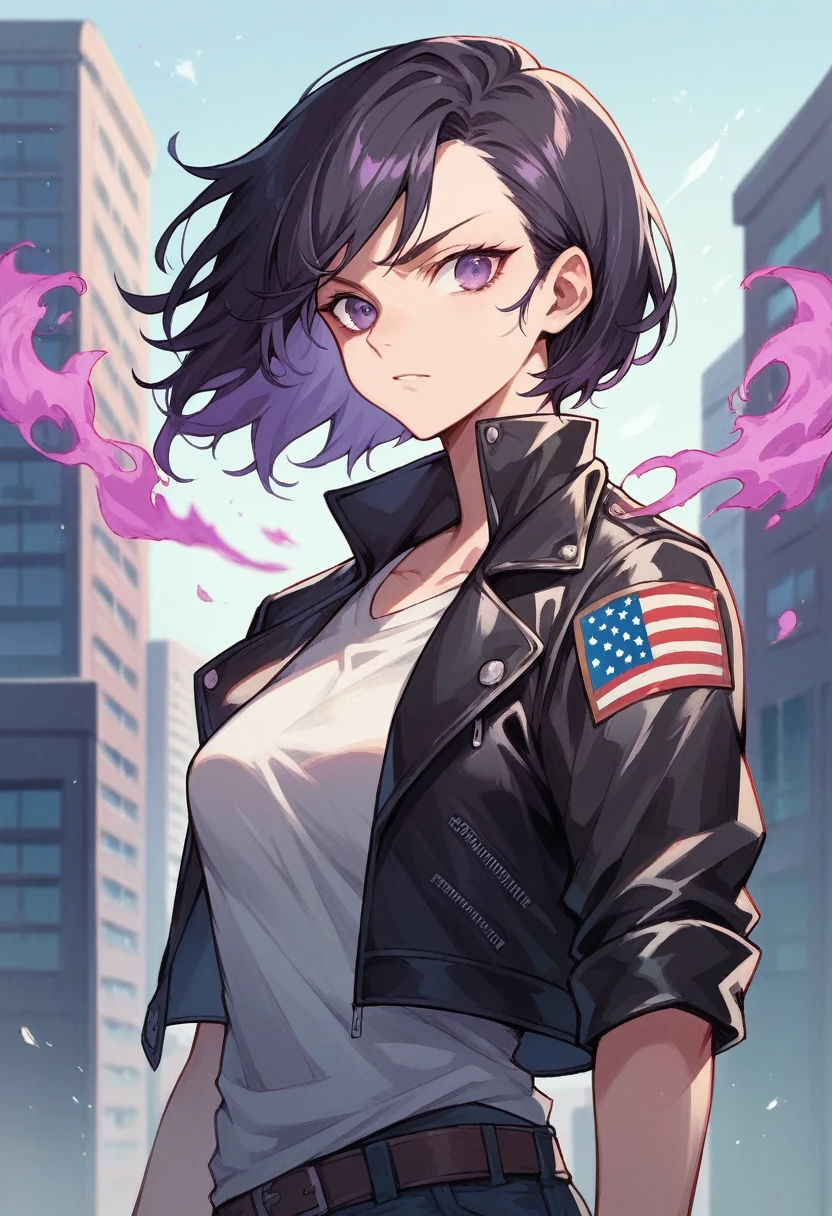 black hair girl, purple eyes, Hip length hair, open leather jacket, shirt with the American flag, purple aura on both hands, city