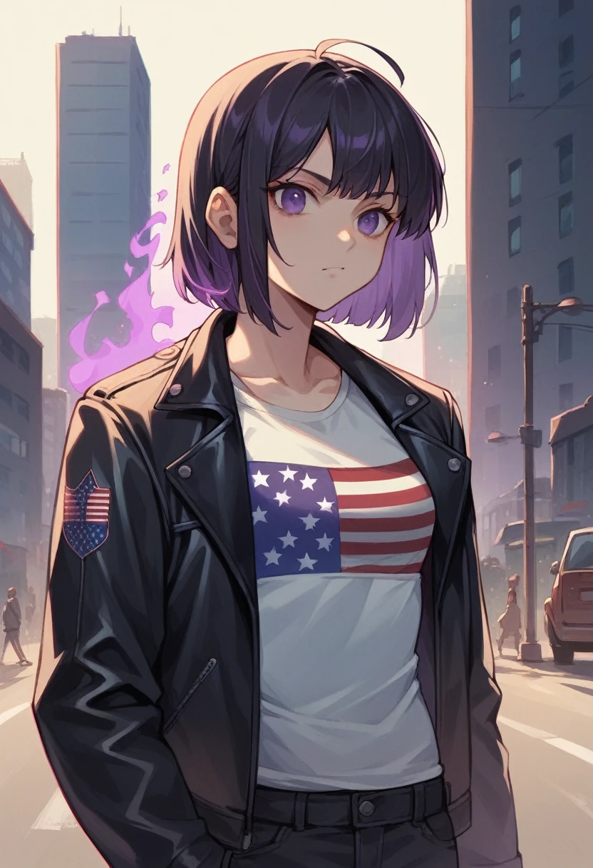 black hair girl, purple eyes, Hip length hair, open leather jacket, shirt with the American flag, purple aura on both hands, city