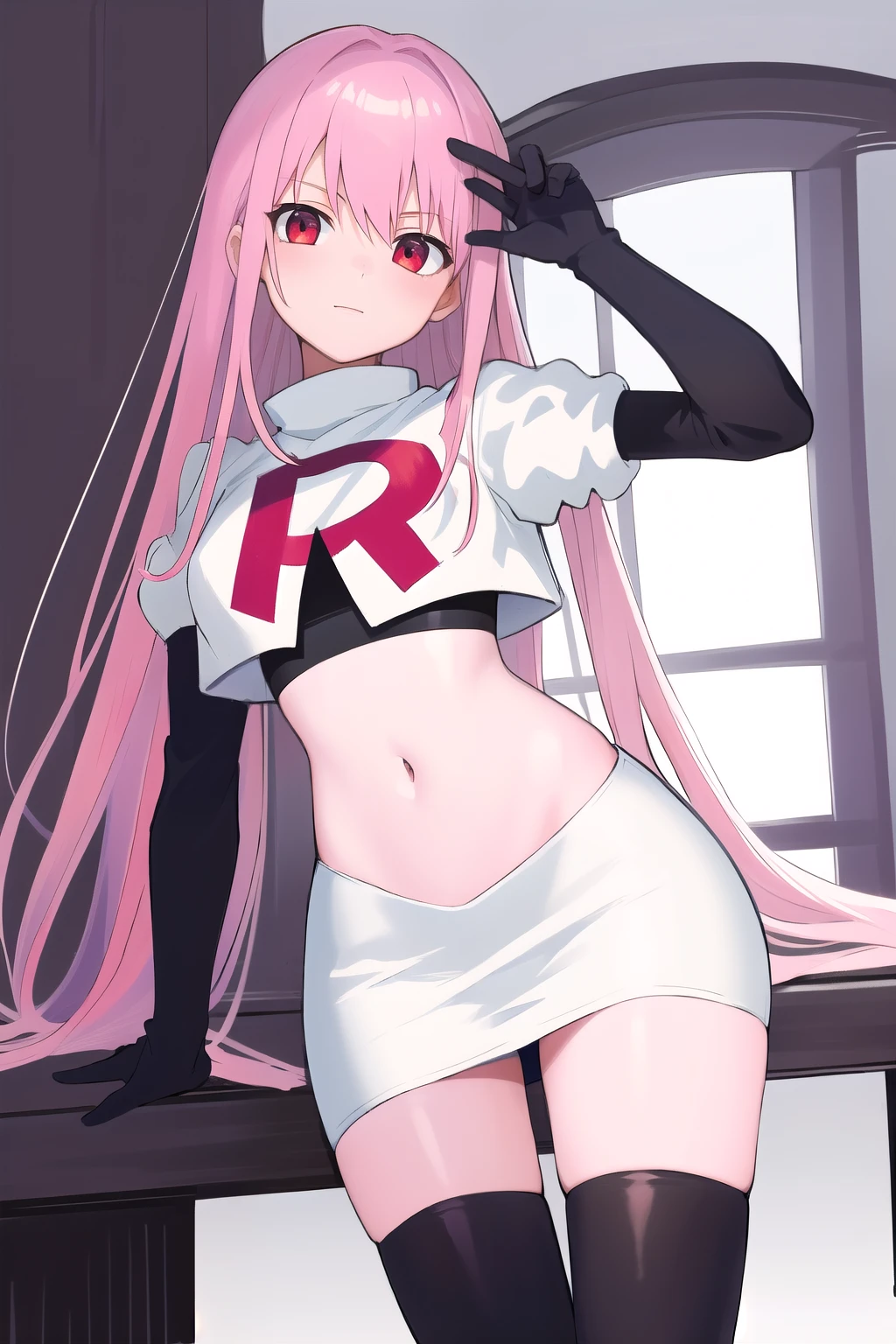 Masterpiece, Detailed, High quality, (absurdist), High Sharpness, High resolution, maiddoll, 1girls, Solo, pink hair, cracked skin,team rocket,team rocket uniform,white skirt,red letter R,crop top,black thigh-highs,black elbow gloves
