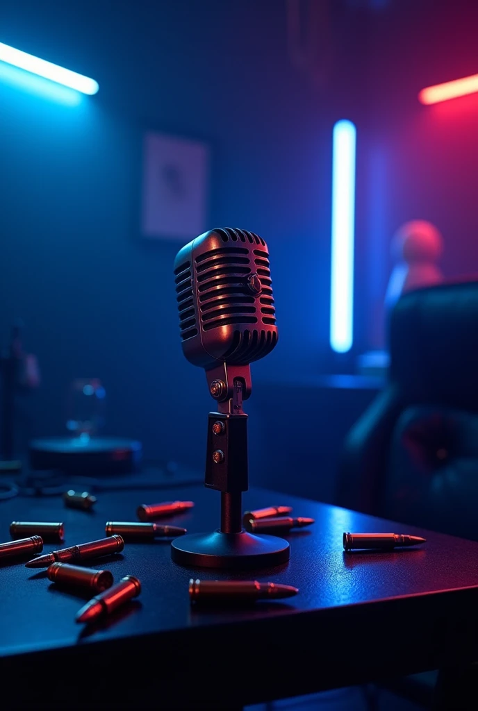 Create an album cover image featuring a microphone in a studio with LED lights. The table should have bullets, no people, and dark colors for a gangster vibe.