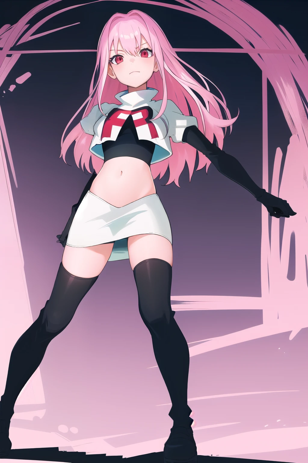 Masterpiece, Detailed, High quality, (absurdist), High Sharpness, High resolution, maiddoll, 1girls, Solo, pink hair, cracked skin,team rocket,team rocket uniform,white skirt,red letter R,crop top,black thigh-highs,black elbow gloves