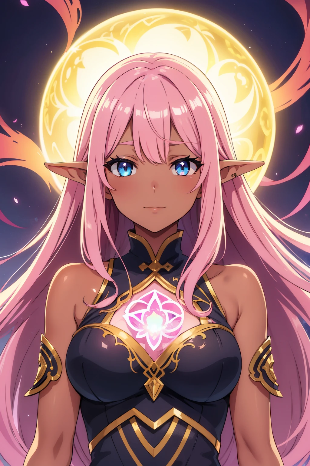 (high-quality, breathtaking),(expressive eyes, perfect face) 1girl, female, solo, ager, Symmetrical Eyes, portrait, pink hair color, floating hair, levitating hair, pink eye color, long hair length, positive expression, charming smile, elegant black dress, glowing hair, narrow eyes, upperbody, water, smoke like hair, hair like Eris sinbad, dark tanned skin, slightly brown skin color, magic hair, goddess power of passion, pointed tip ears, nymph, pink embers, fantasy clothing