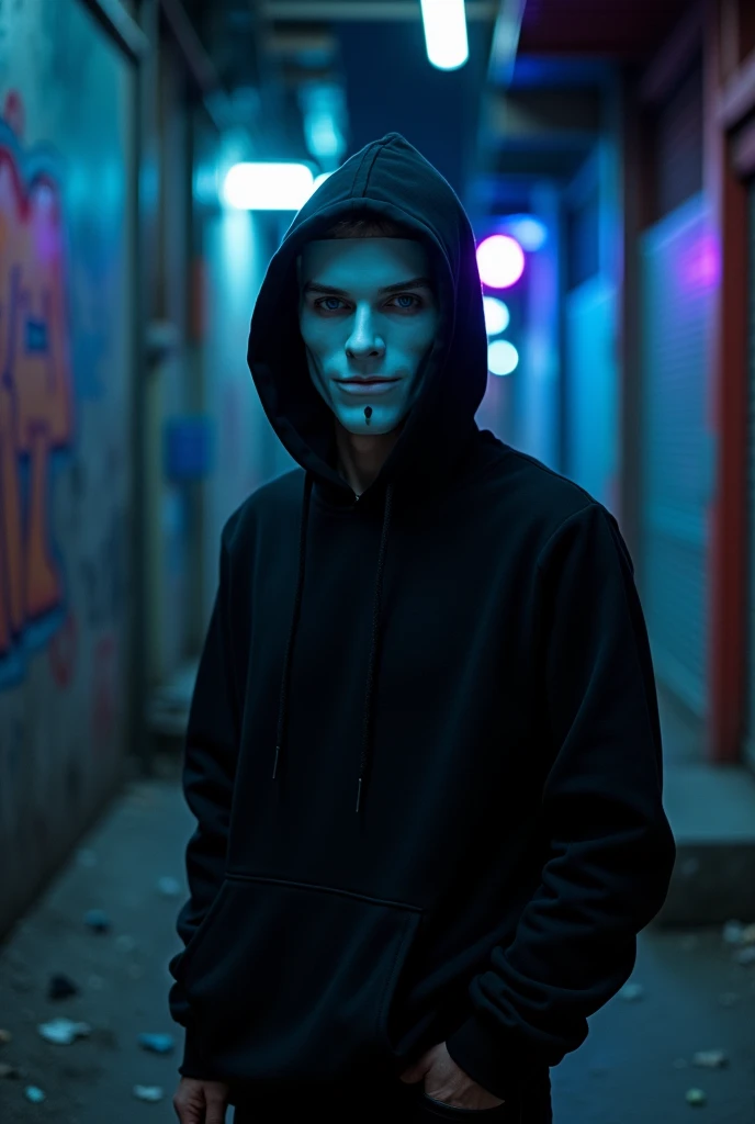 black hoodie wearing mask white young man
