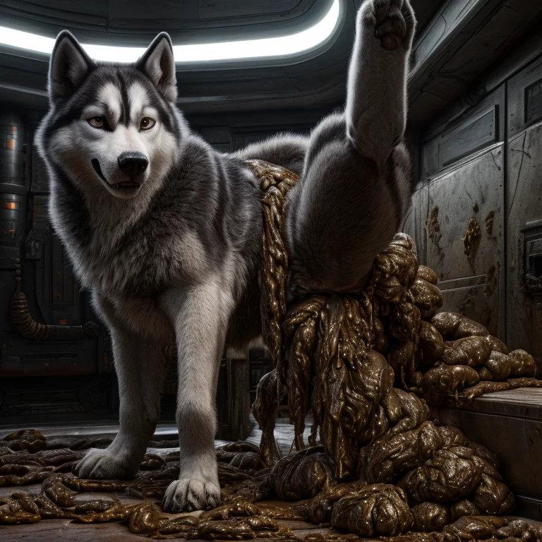 A hyper realistic, ultra detailed image of a husky, fat, (((((feral, husky, solo, raised leg))))), realistic, detailed background, (saliva:0.8), on a klingon star ship, freighter. ((((feral standing with raised leg, hyper balls, feral, excessive anal scat, spreading legs, excessive hyper anal feces))))