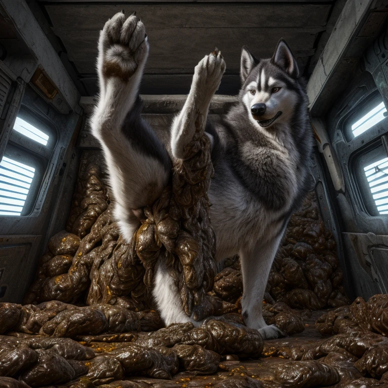 A hyper realistic, ultra detailed image of a husky, fat, (((((feral, husky, solo, raised leg))))), realistic, detailed background, (saliva:0.8), on a klingon star ship, freighter. ((((feral standing with raised leg, hyper balls, feral, excessive anal scat, spreading legs, excessive hyper anal feces))))