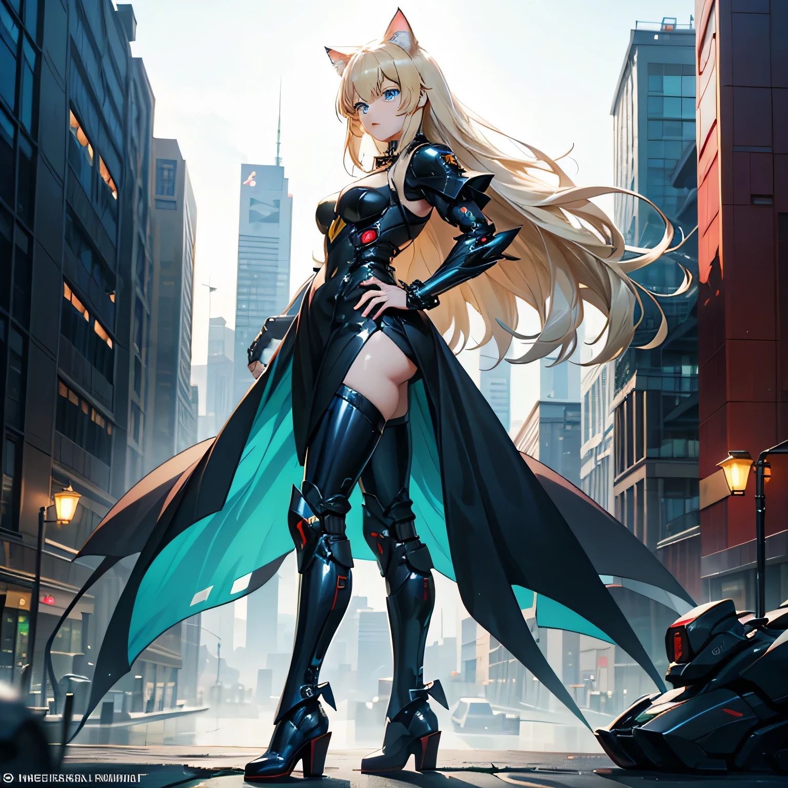 a mecha woman in a black outfit is posing on a tall building, cyber woman, cybernetic woman, futuristic armor, futuristic dress, overlooking a city, futuristic city background, side view, view from the side, head turned to face viewer, clear blue eyes, perfect eyes, clean eyes, full body picture, wearing boots, wearing metal boots, wearing mecha boots, catgirl, cat girl, cat ears, blue eyes, extremely detailed artgerm, anime goddess, beautiful alluring anime woman, blonde goddess, blonde anime girl with long hair, from girls frontline, attractive anime girl, thicc, anime girl wearing a black dress, beautiful anime girl standing, | fine detail anime, style artgerm