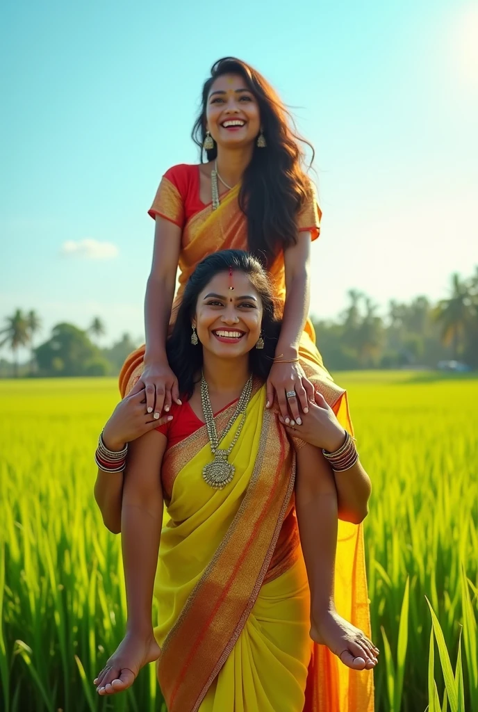 Create a realistic photograph of a smiling and beautiful indian actress in silk sare is carrying a large stout man on her shoulders , in a paddy farm, man is sitting on top of her shoulders , man on top, woman standing at bottom 