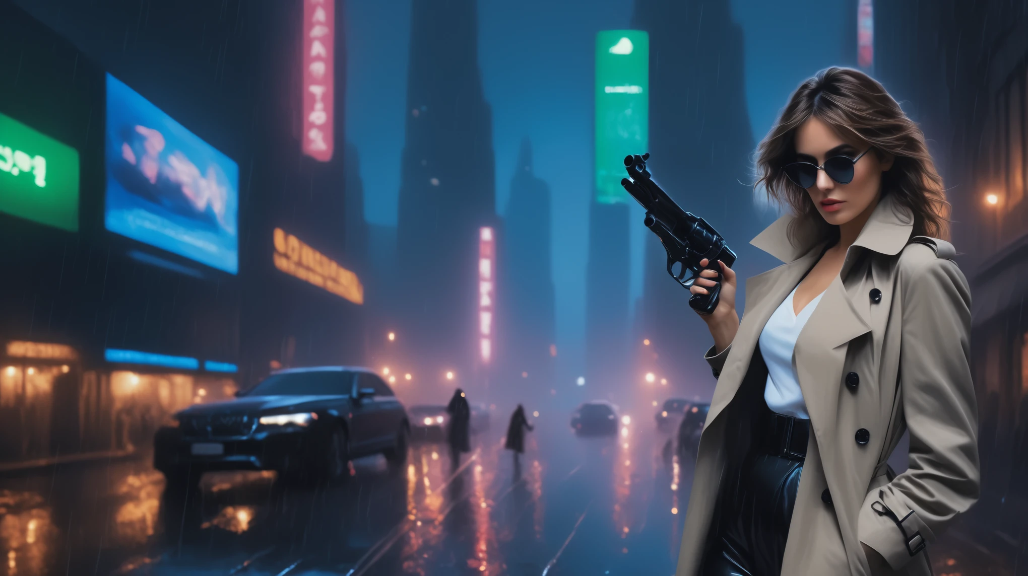 (Hyper-realistic photograph:1.4), Captivating scene under the rain at night on a rooftop, a sexy slim woman, large breast cleavage, with short brown hair, three-quarters view, Black trench coat, (black sunglasses, holding a short gun), with a dark rainy city landscape in background, blue eyes, photography style, (half-body shot:1.3), (contemplative expression:1.2),(well-lit:1.2) Extremely Realistic, serendipity art, (sharp focus:1.3), intricate details, highly detailed, by God himself, original shot, masterpiece, detailed and intricate, Movie Still, guttojugg1