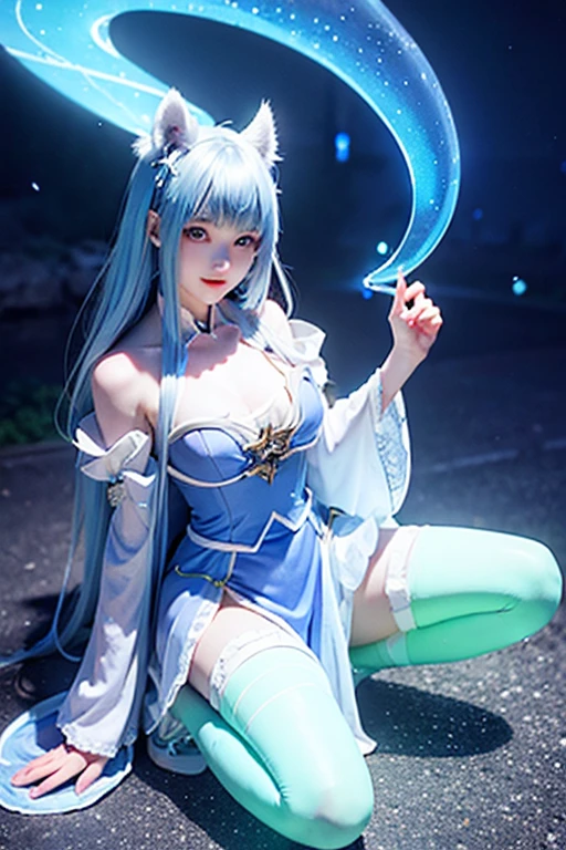 The overall look is dark，The neon on her body is the light source，Anime girl wearing glowing clothes sitting on the ground, Glowing Blue, Glowing Details!, Glowing Aesthetics, Shining with Magical Light, White Glowing Veins, Glowing Details, Shimmering with Colorful Lights, Bioluminescent Skin!, with Glowing Blue lights, anime characters; full body art, Glow effect, Luminous veins, Blue light. fantasy, Anime girl with blue glowing aura wearing luminous clothing sitting on the ground, Yuumei&#39;s cyberpunk art, Douban, holography, Glowing Blue, Glowing Details!, Shining with Magical Light, Glowing Aesthetics, White Glowing Veins, Glowing Details, Shimmering with Colorful Lights, Bioluminescent Skin!, with Glowing Blue lights, anime characters; full body art, Glow effect, Luminous veins