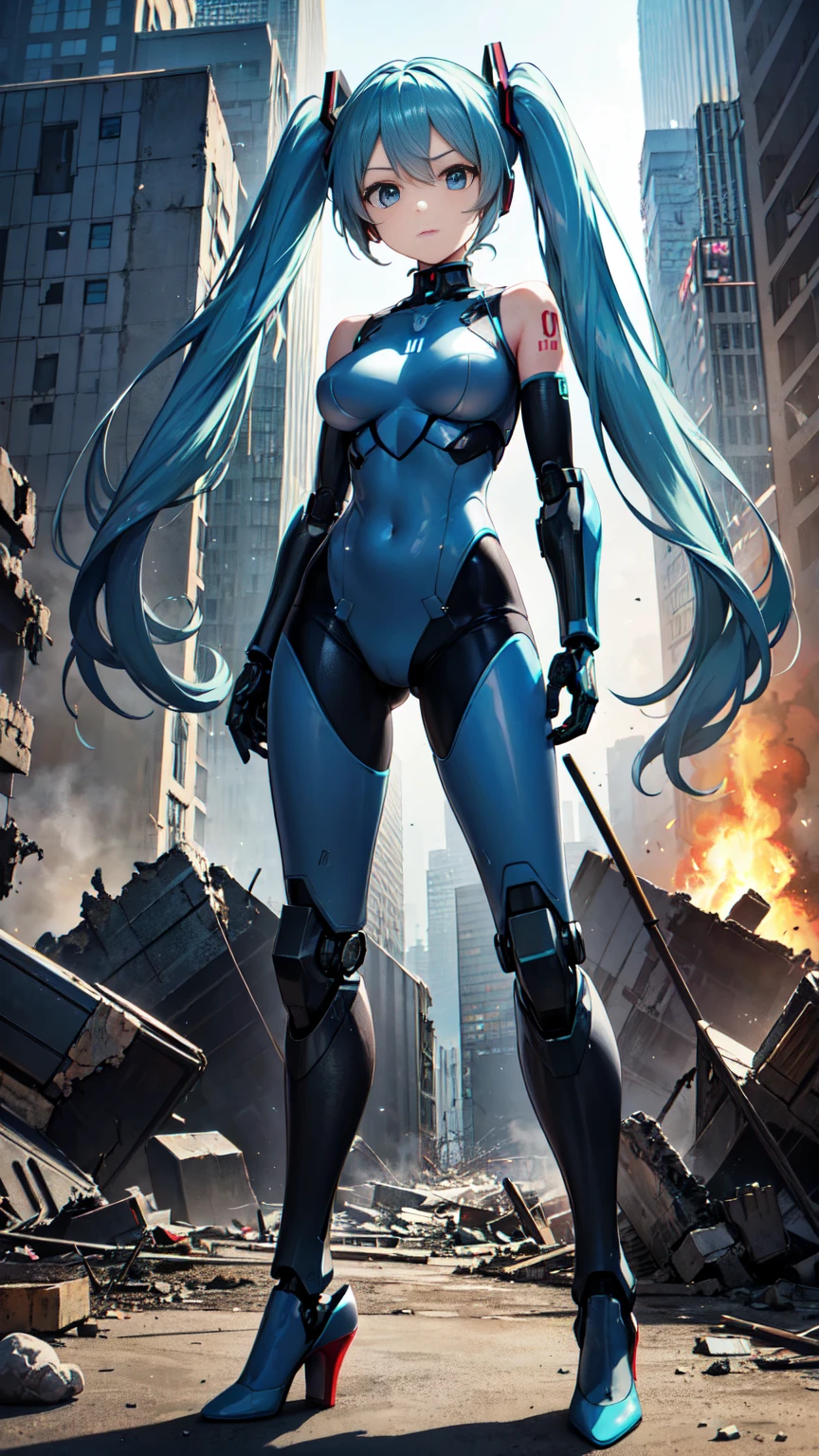 Hatsune Miku Vocaloid、Mecha Girl、Gundam Armor, Twin tails、Light blue hair、High heels、Bright Blue Eyes、Big Breasts, Highly sophisticated cyborg, Arms folded in front of the destroyed city, Ultimate physical beauty、Bionic body with futuristic details. (Arms folded in front of the destroyed city、Highly sophisticated cyborg, Bionic body with futuristic details.)