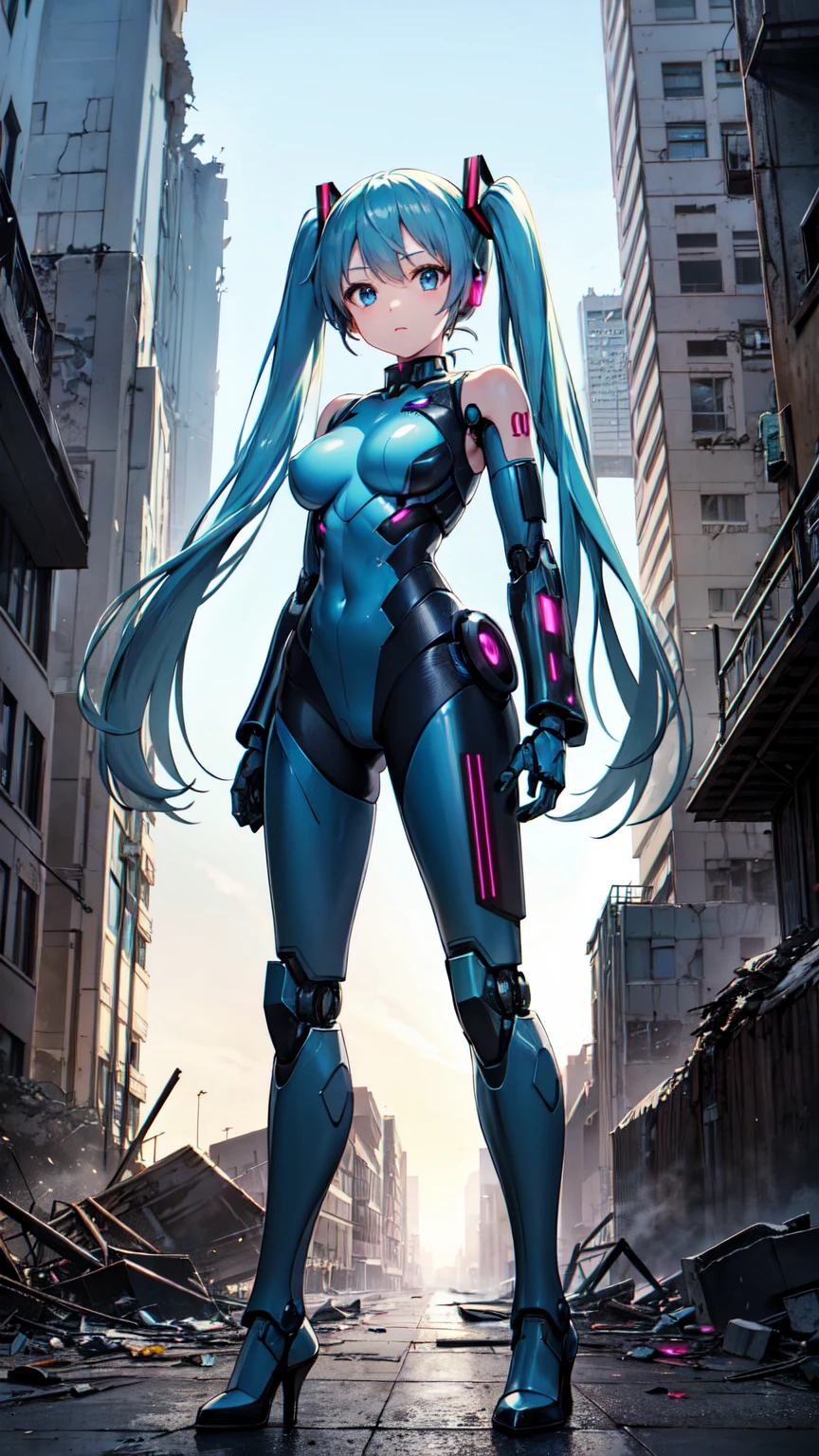 Hatsune Miku Vocaloid、Mecha Girl、Gundam Armor, Twin tails、Light blue hair、High heels、Bright Blue Eyes、Big Breasts, Highly sophisticated cyborg, Arms folded in front of the destroyed city, Ultimate physical beauty、Bionic body with futuristic details. (Arms folded in front of the destroyed city、Highly sophisticated cyborg, Bionic body with futuristic details.)