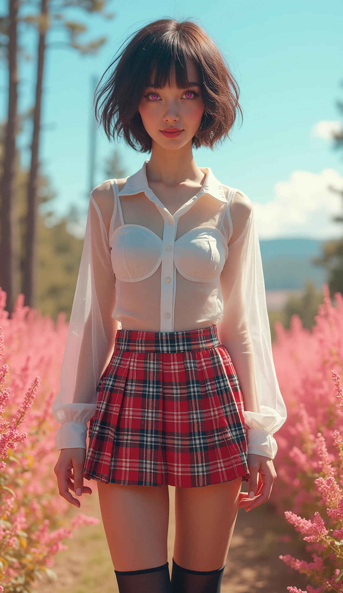 (((There is one girl:1.5))),Waifu E-girl, Cat Ears, Cat Tail, ((Glowing-Pink-Eyes)),(((A tall high school girl with a model figure))),Perfect proportions,(Standing facing this),Full body photography,(wide thighs, Very long legs),Fleshy,Mid-chest,(((Cleavage))),Breast enlargement,swelling of the nipples,Unbutton your shirt,Loafer Asterpiece on the ground:1.3),((8k, Photorealistic:1.4)),((Surreal,RAW Photos, highest quality: 1.4)),((Ultra high definition,Super detailed)), Beautiful Face,((Realistic face),(Brown's shortcuts:1.3)),Short Hair,Disheveled Hair,Fluffy hair,Detailed eyes,Realistic beautiful skin,Golden Ratio,Super cute,Open your mouth a little,smile,High school girl in summer clothes,White shirt,Sweaty,Wetty,(Wet shirt),See-through shirt,Light clothing,Surreal school girl,pleated micro mini skirt,Checkered micro mini skirt,Pleated miniskirt with tartan check,((I can see your panties!!)),pantyhose,(Black Stockings),((Knee-high stockings)),loafers,Esbian all over,High school girl wearing JK uniform,Sexy pose,Anatomically accurate body,Precisely drawn fingers,