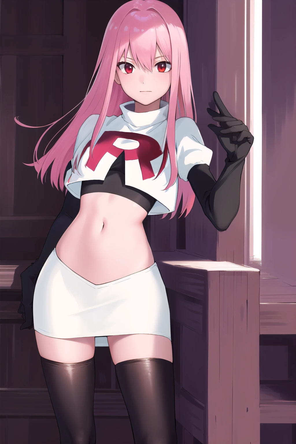 Masterpiece, Detailed, High quality, (absurdist), High Sharpness, High resolution, maiddoll, 1girls, Solo, pink hair, cracked skin,team rocket,team rocket uniform,white skirt,red letter R,crop top,black thigh-highs,black elbow gloves