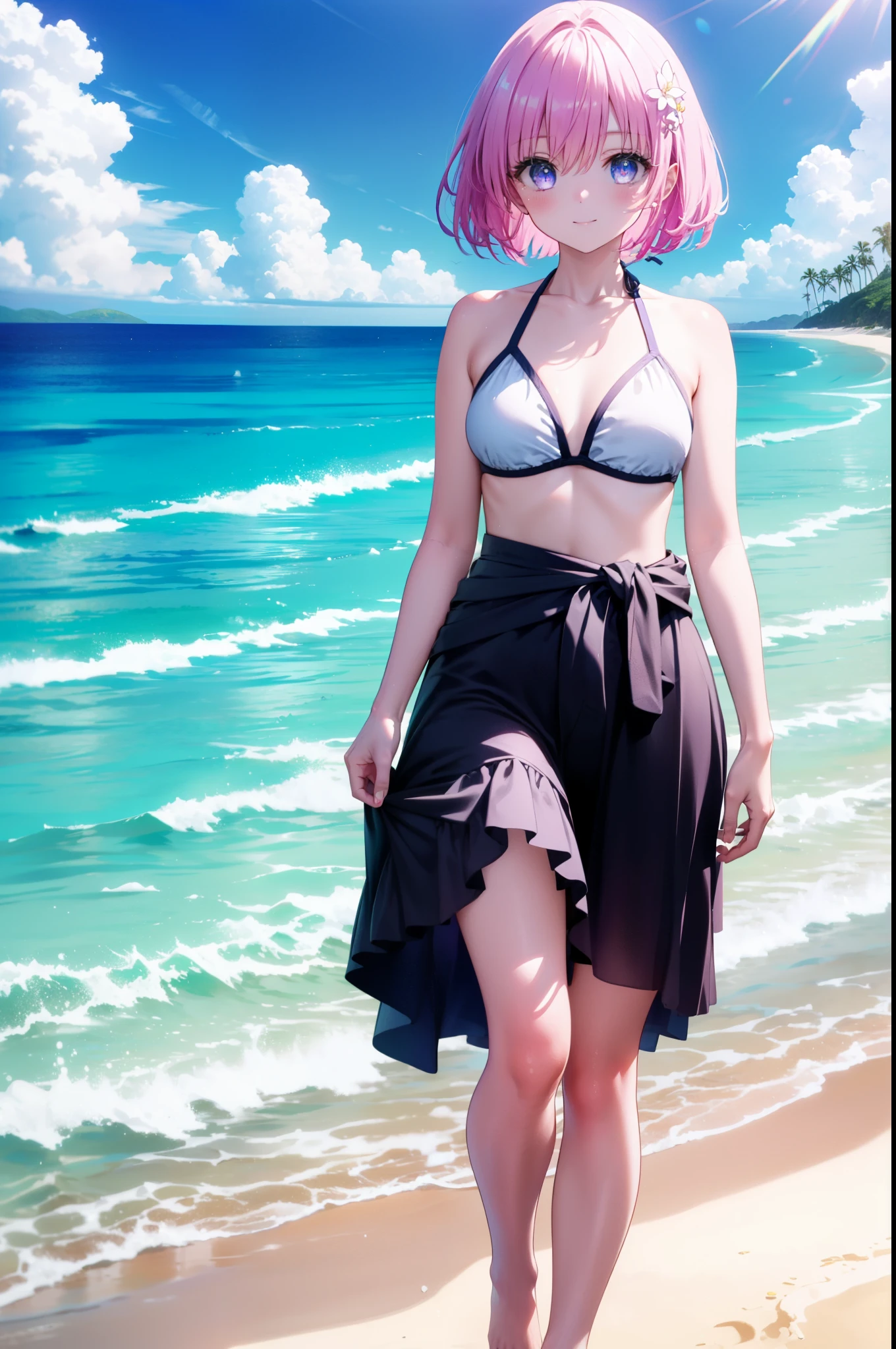 Momodebilke, Deviluke Type, demon tail, Hair Flower, hair ornaments, (Purple eyes:1.1), Pink Hair, short hair, tail, smile,
break demon tail, Pink leisure bikini,Pareo Swimsuit,barefoot,A thin long skirt is wrapped around her waist,Strolling on the sandy beach,True Summer,Daytime,Clear skies,whole bodyがイラストに入るように,
break outdoors,Beach,
break looking at viewer, whole body,
break (masterpiece:1.2), Highest quality, High resolution, unity 8k wallpaper, (figure:0.8), (beautiful detailed eyes:1.6), extremely detailed face, Perfect lighting, extremely detailed CG, (Perfect hands, Perfect Anatomy),