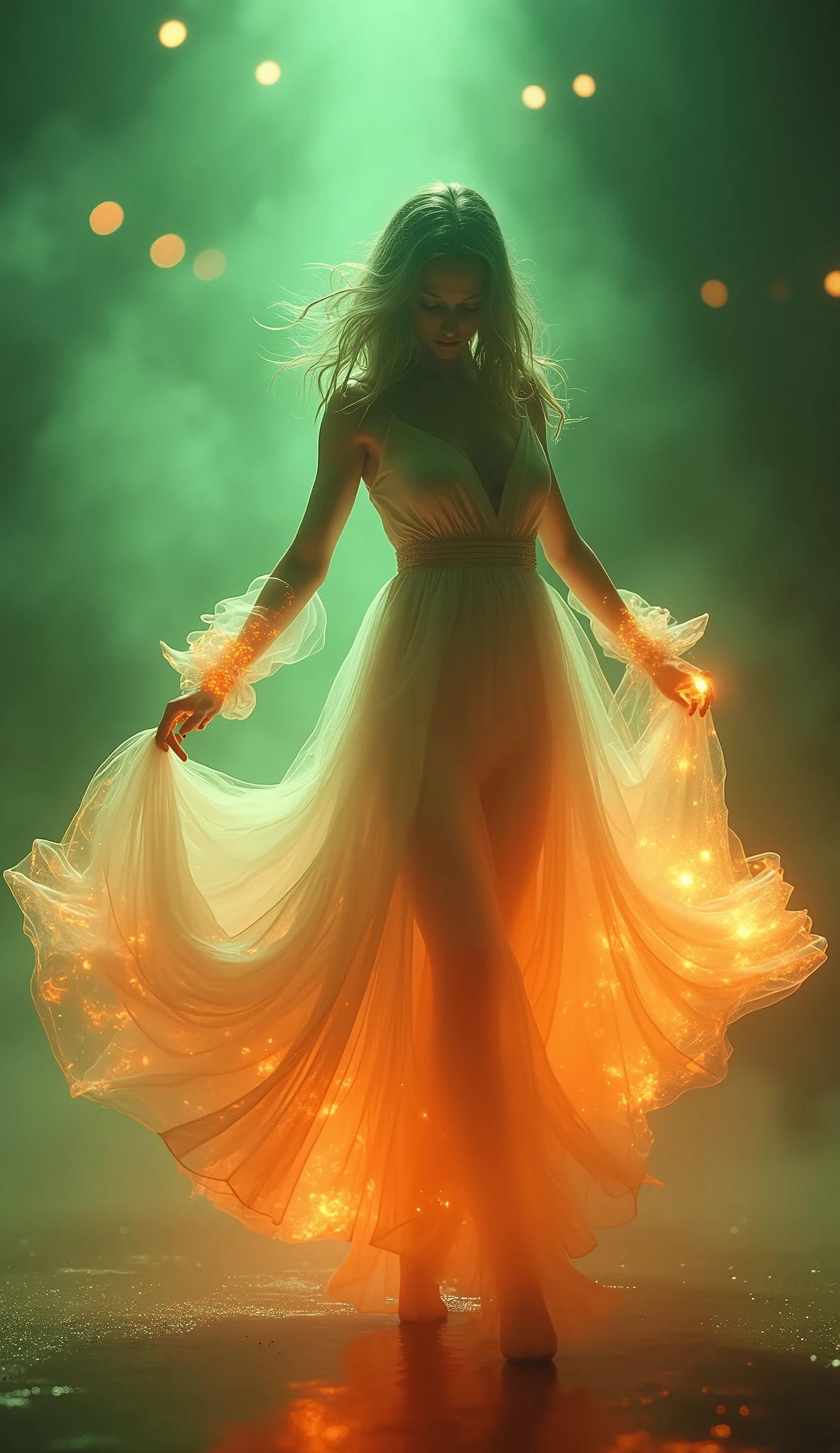 A mesmerizing 3D render by the skillful artist Mschiffe, showcasing a ghostly, smoke-like female figure dancing. The enigmatic woman appears in front full view, exuding a mystical aura as she weaves through a colorful explosion of orange and green hues. Her ethereal form is embellished with motion effects, invoking a sense of fluidity and movement. The background is a breathtaking fusion of vibrant muted green colors that harmoniously blend with the eerie, yet captivating atmosphere of the scene.