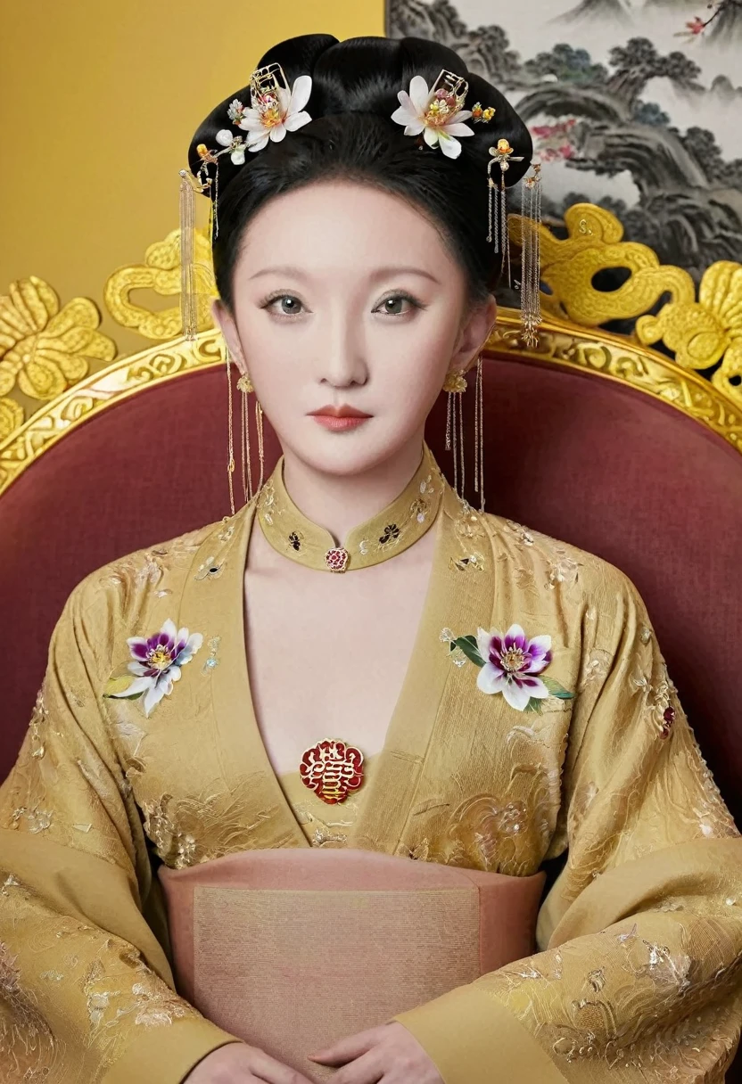 From the pre-Qing period, The Empress sits naked on a large golden sofa in the palace, Her legs were spread, At the Chinese court during the Qing Dynasty, Empress of the Qing Dynasty, Wearing the great crown of the Chinese Empress, Belly and thighs visible from below.。She is completely naked, Showing off gorgeous large flowers and hairpins, She tied her hair up and pulled it up, 背景はEmpress of the Qing Dynastyの豪華な宮殿.