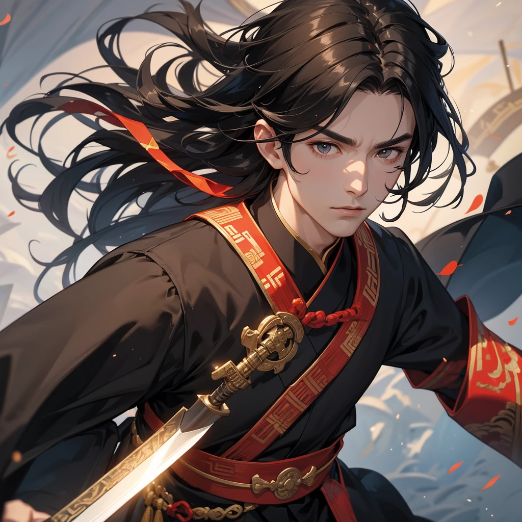 A handsome black-haired male general holding a large sword in an ancient Chinese general uniform is on an ancient Chinese battlefield, close up.