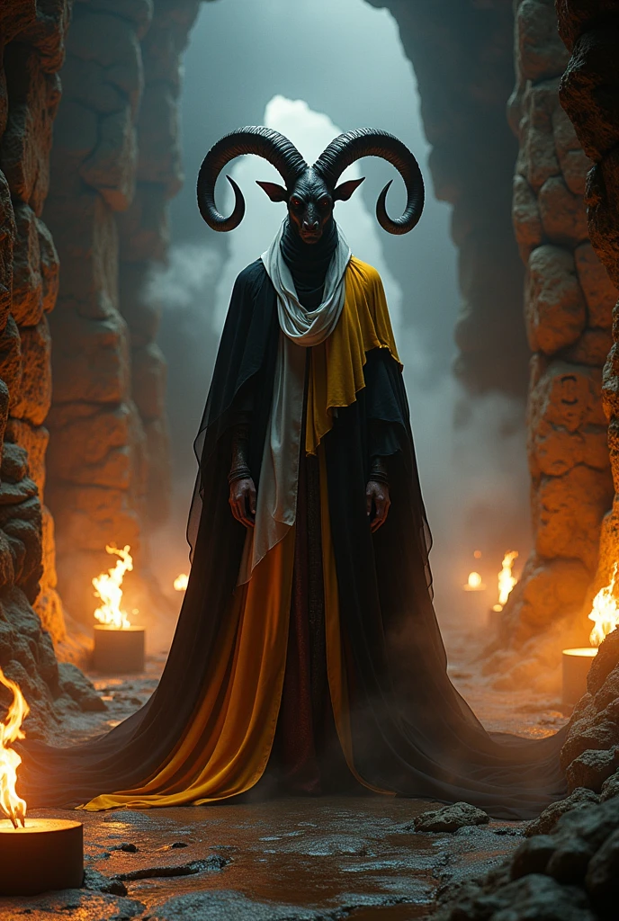 Baphomet wearing black, white, yellow, and red