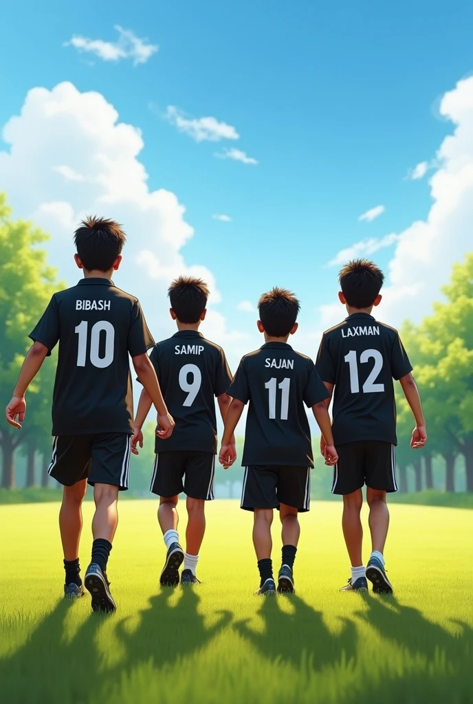 13 years 4 boys walking towards to the ground wearing their black  jersy   on their jersy named bibash10 samip 9 sajan 11 laxman 12