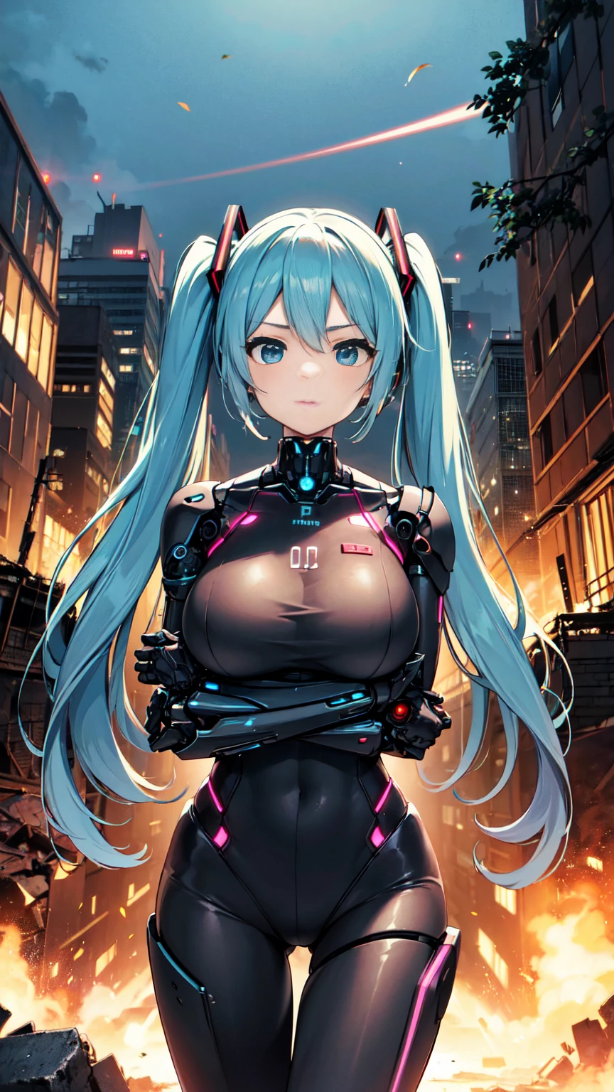 masterpiece、Highest quality、8K Hatsune Miku Vocaloid、Twin tails、Light blue hair、Bright Blue Eyes、Mecha Girl、Big Breasts、Ultimate toned physique、black tights、Highly sophisticated cyborg, Arms folded in front of the destroyed city, Bionic body with futuristic details. (Arms folded in front of the destroyed city、Highly sophisticated cyborg, Bionic body with futuristic details.)