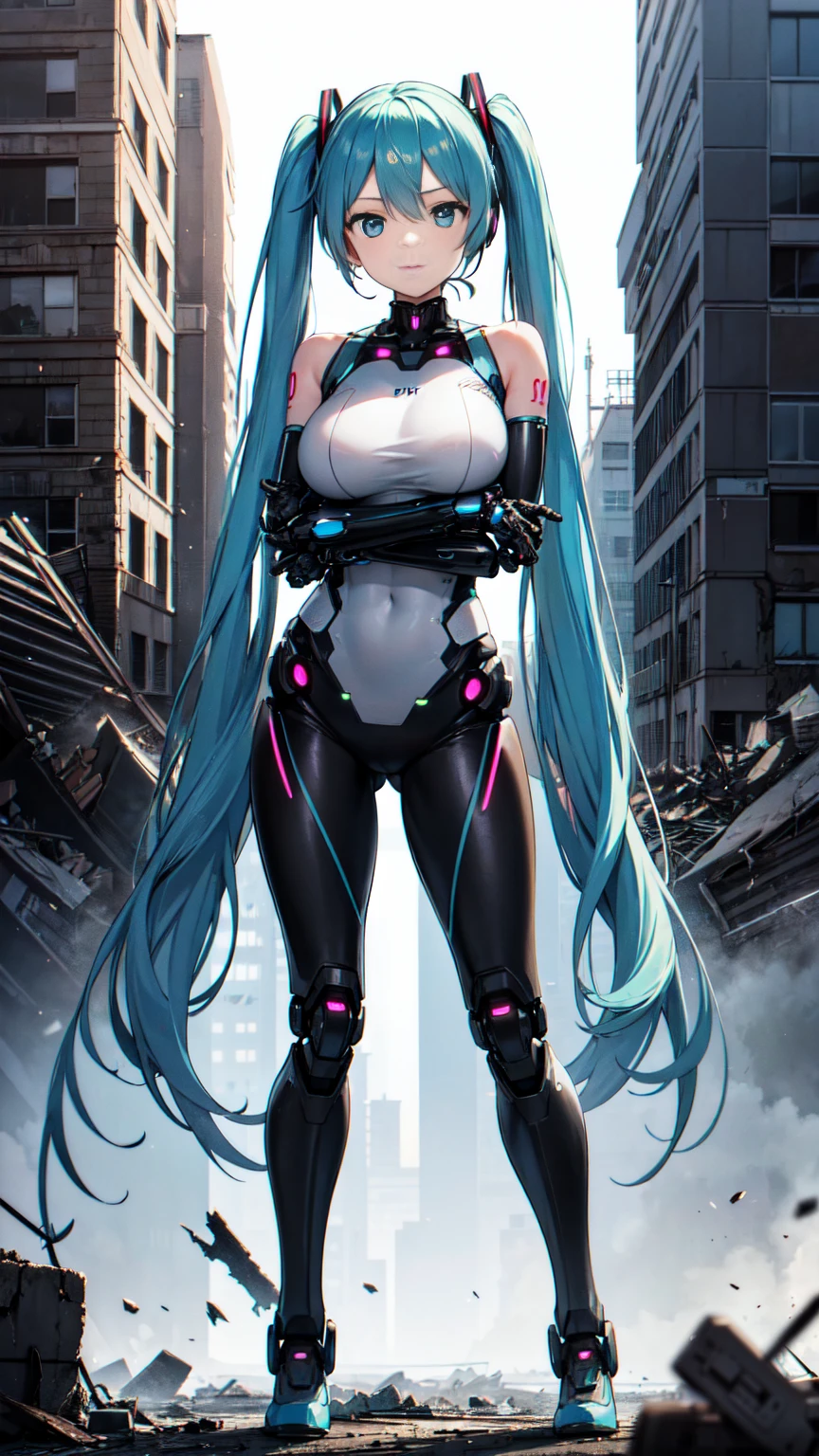 Hatsune Miku Vocaloid、Twin tails、Light blue hair、Bright Blue Eyes、High heels、Highly sophisticated cyborg, Arms folded in front of the destroyed city, Bionic body with futuristic details. (破壊された街の前で腕を組んだHighly sophisticated cyborg, Bionic body with futuristic details.)