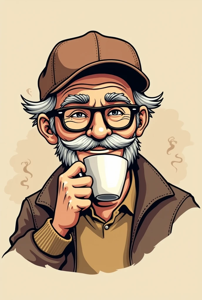 Design a logo for an old-style coffee shop, featuring a kind grandpa without a mustache, wearing a baseball cap and dark glasses, drinking coffee. The design should be in line art style.