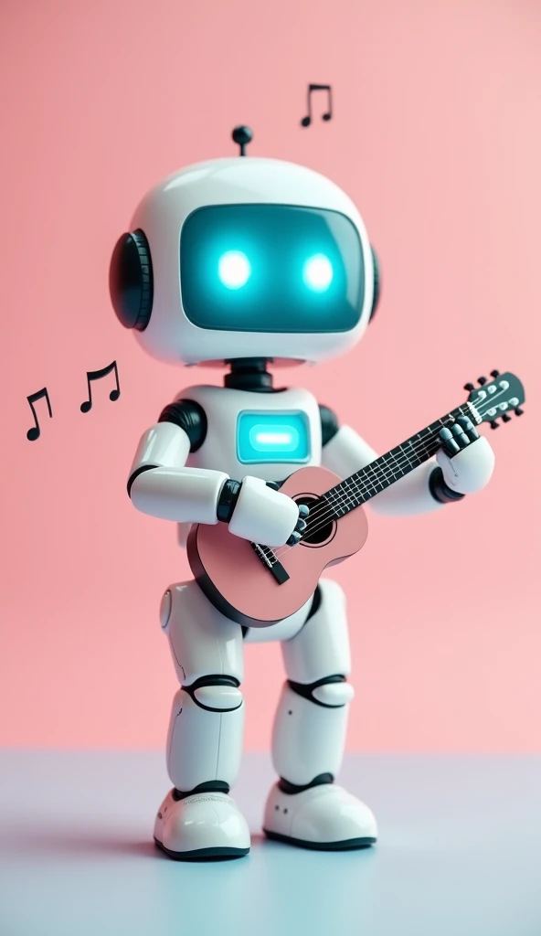 A cute little white robot with a square head and display screen, slender limbs, playing a guitar, solid color background,