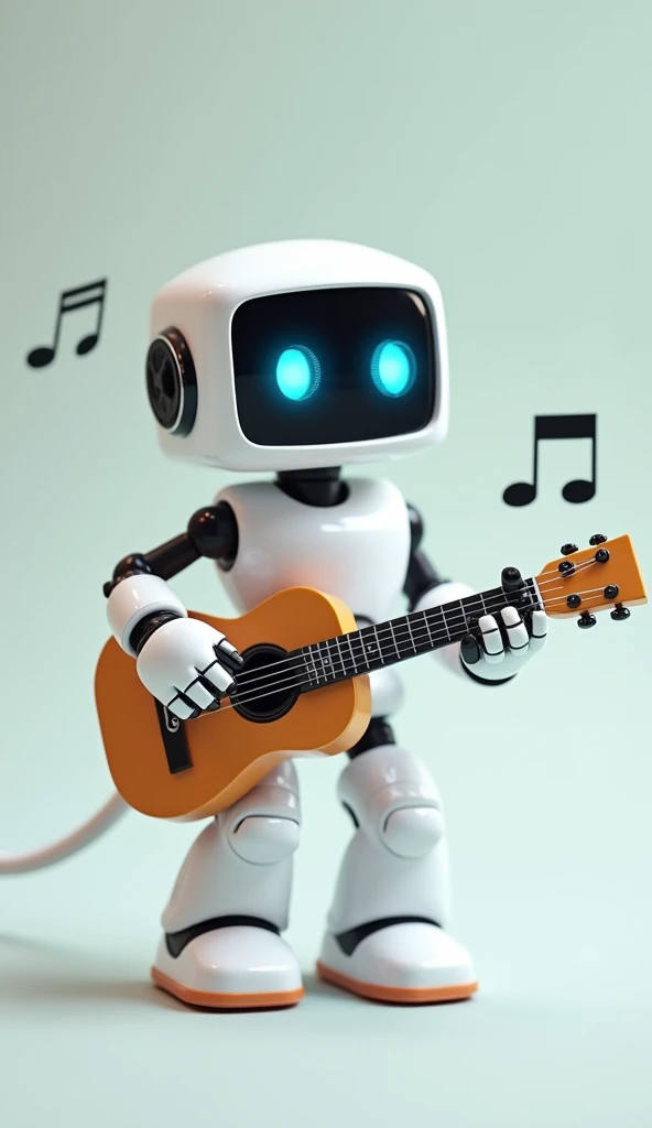 A cute little white robot with a square head and display screen, slender limbs, playing a guitar, solid color background,