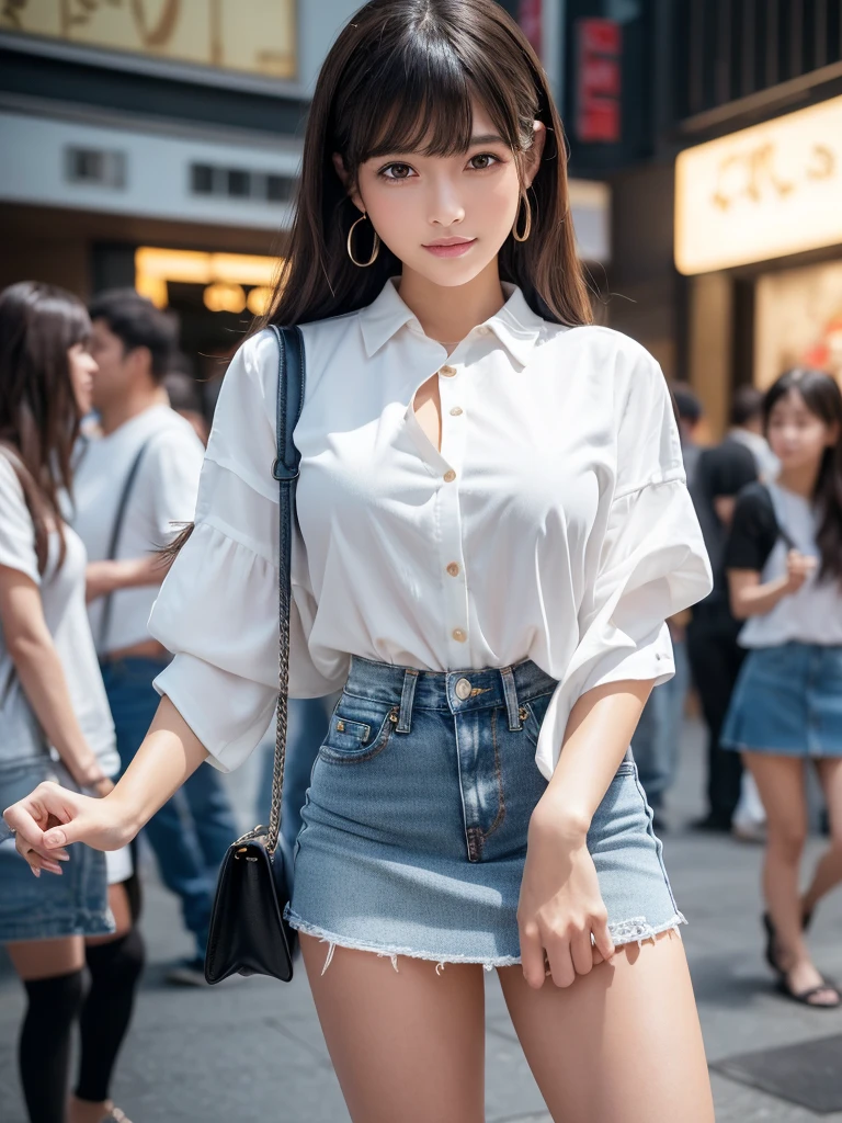 Product quality,1 girl,Cowboy Shot,Front view,(Thigh Emphasis:1.6),(Angle up to the knee:1.ung and cute Japanese,20-year-old,smile,Harajuku,(Crowded street:1.4),((White stylish blouse:1.5)),((Fashionable bags:1.5)),Fashionable necklaces,Stylish earrings,((Black denim fabric ultra short micro mini skirt:1.5)),No pants,Very cute face,Glossy Lips,Big eyes,Brown eyes,Double eyelids on both eyes,(Natural Makeup),Small and cute nose,shiny smooth light brown long hair,,,,,Asymmetrical bangs,Center image,8k resolution,Attention to detail,Detailed hairstyle,Detailed face,Cinema Lighting,Octane Rendering,Ultra-realistic,Perfect limbs,(Detailed fingers:1.5),Beautiful legs,Voluptuous thighs,Huge breasts,Perfect Anatomy,Bold sexy pose,