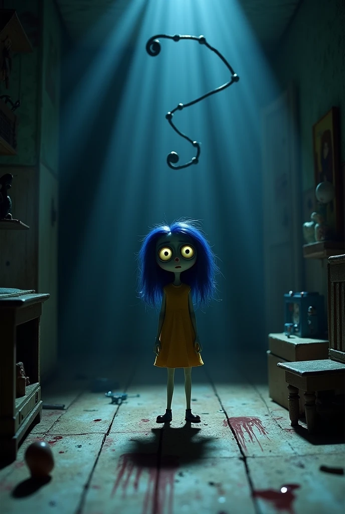 Create an image that conveys fear, About Coraline ( Laika film). You can show blood or whatever you want but it should be scary.try to make Coraline appear in the image, showing her buttons on her eyes