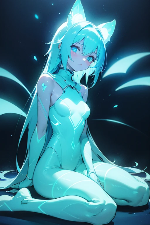 The overall look is dark，The neon on her body is the light source，Anime girl wearing glowing clothes sitting on the ground, Glowing Blue, Glowing Details!, Glowing Aesthetics, Shining with Magical Light, White Glowing Veins, Glowing Details, Shimmering with Colorful Lights, Bioluminescent Skin!, with Glowing Blue lights, anime characters; full body art, Glow effect, Luminous veins, Blue light. fantasy, Anime girl with blue glowing aura wearing luminous clothing sitting on the ground, Yuumei&#39;s cyberpunk art, Douban, holography, Glowing Blue, Glowing Details!, Shining with Magical Light, Glowing Aesthetics, White Glowing Veins, Glowing Details, Shimmering with Colorful Lights, Bioluminescent Skin!, with Glowing Blue lights, anime characters; full body art, Glow effect, Luminous veins