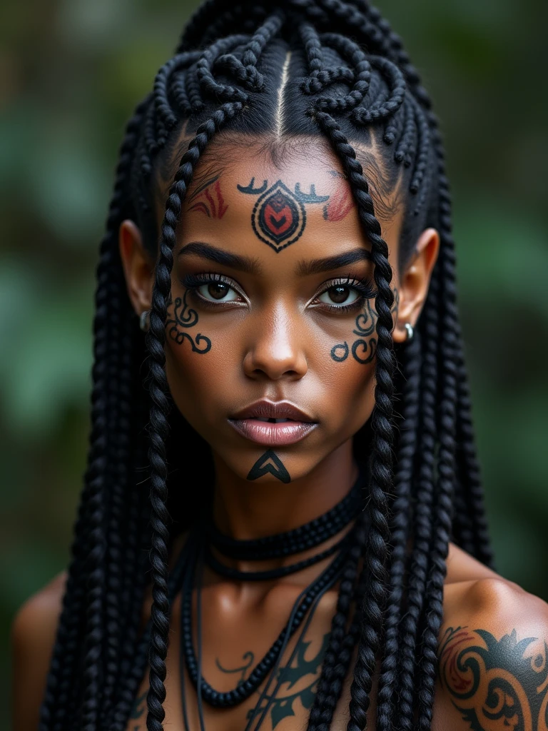 Close-up of a Woman with Facial Tattoos, Dark Elves, fractalpunk, Intricately Braided Hair, Matte Portrait Shoot, Beautiful women, Dark skin, She wears shamanic clothes, Tattoo face, cryptopunk, Heavy makeup