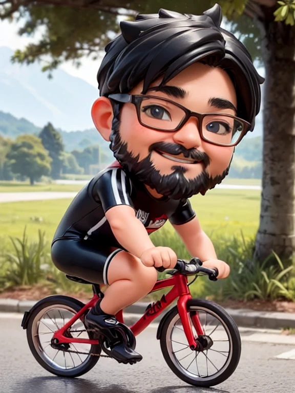 Cycling in nature, (ride a bicycle), 1 male, solo, Black Hair, beard, Glasses, obesity, Lush forest, Beautiful riverside, Blue sky, Sunshine pours down, Smiling Rider, chibi figure, full body
