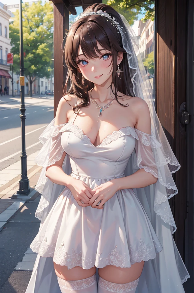 A woman in a dress and stockings standing in front of a tree, wedding dress, off the shoulder, long wedding veil, necklace, jewelry, (skirt parted in front), thigh highs, (panties:0.9), big rounds breasts, dark brown hair, long bangs, long hair, ponytail, wavy hair, expressive hair, shiny hair, hair flower, ribbon, aqua eyes, glowing eyes, pupils sparkling, earrings, smile, glossy lips, blush, embarrassed, nervous smile, beautiful detailed face and eyes, perfect anatomy, standing, outside, jewelry, high detail, anime, anime style, cinematic lighting, dithering, image fill, wallpaper, game cg, perspective, Wide-Angle, f/1.8, 85mm, Sony FE GM, 8k, super detail, UHD, retina, masterpiece, accurate, anatomically correct, textured skin, high details, best quality, highres, 16k