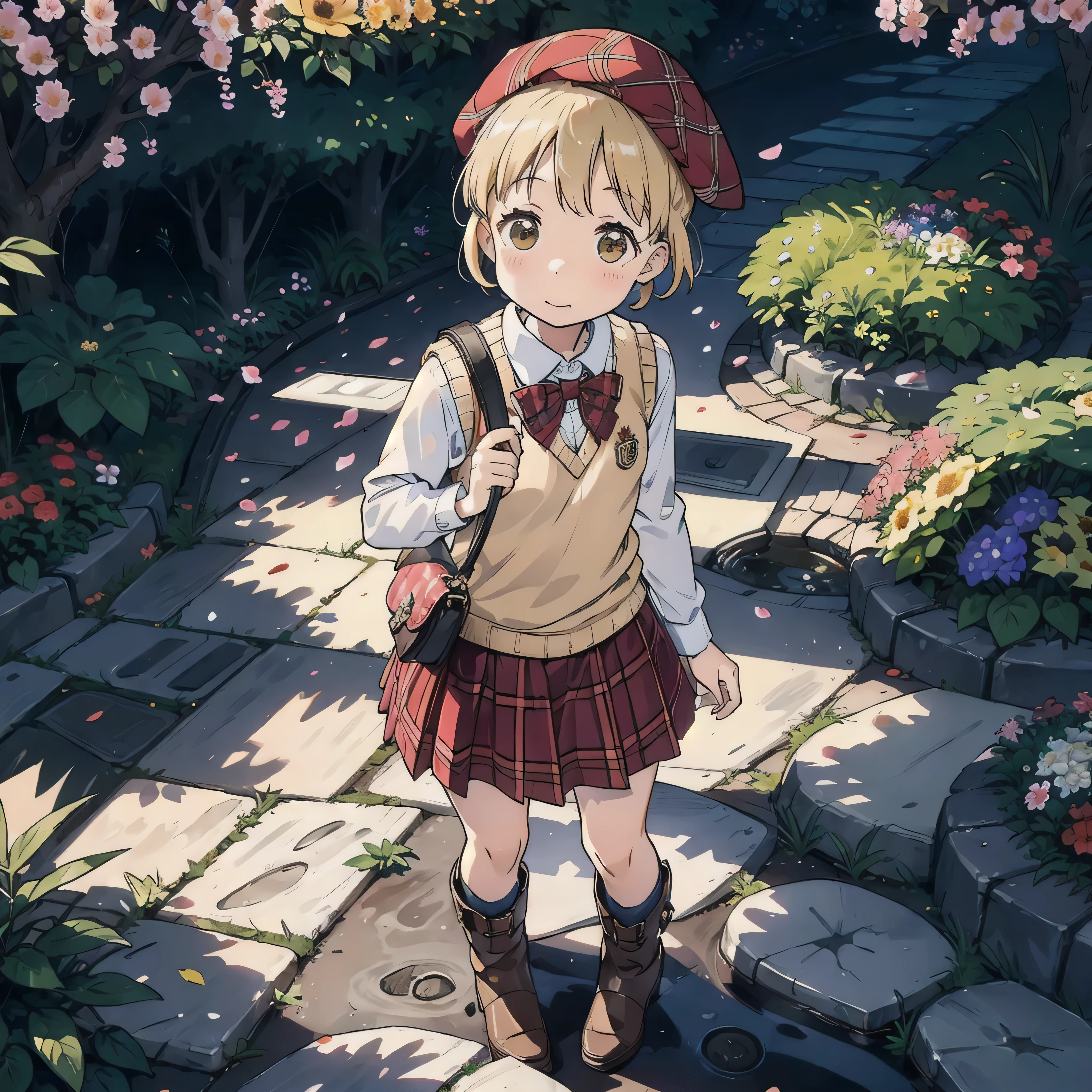 (solo:1.5)、cute、daily、White Shirt、Sweater vest、skirt(Plaid:1.2)、Red Beret、short boots、Leather shoulder bag、Flower Hair Ornaments、on the cobblestone、flower bed