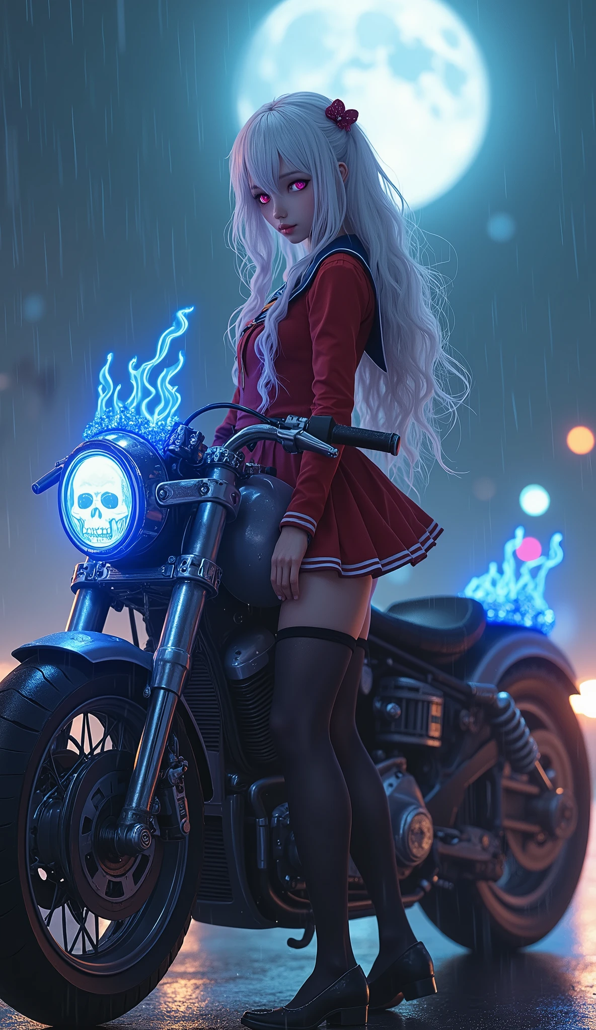 photorealistic,Realistic illustration in Modelshoot style,((masterpiece)),((The best quality)),((Ultra Quality)),((ultra detailed)),((1girl long white hair)),((Only)),((waifu:1.5)),Perfect anatomy,perfect hands,beautiful cuerpo,beautiful_method,ulzzang-6500-v1,e-chica,((Exceptionally Beauty Waifu Princess Tifa Lockhart)),((-yeld Wa Schoolgirl posando na frente de uma motocicleta futurista)), ((the motorcycle has skulls and blue flames highly detailed 3D graphics)), ((night scenery with full moon in the background)), ((she is wearing a Red SchoolUniform with 3D skulls and flames and Sailor Miniskirt, Pantyhose)), ((HDR, epic realism, high-octane rendering, obra de arte)),((bright-pink_eyes)),long wavy hair, ((white hair)),hair clips,eyeliner,cute makeup,lipstick,Glossy lipstick,with a look of terror, worry and sadness,((eyes detallados perfectos)),rainy with fog outside,evening,pink theme,bioluminiscencia,light particles,((Extremely CG Unity 8K Wallpaper)),((cinematic lighting,Best quality lights)),intricate details,Suave,sharp focus,Extremely beautiful and aesthetic,Octane rendering,Full length portrait,damp skin,((Perfect detailed body)),